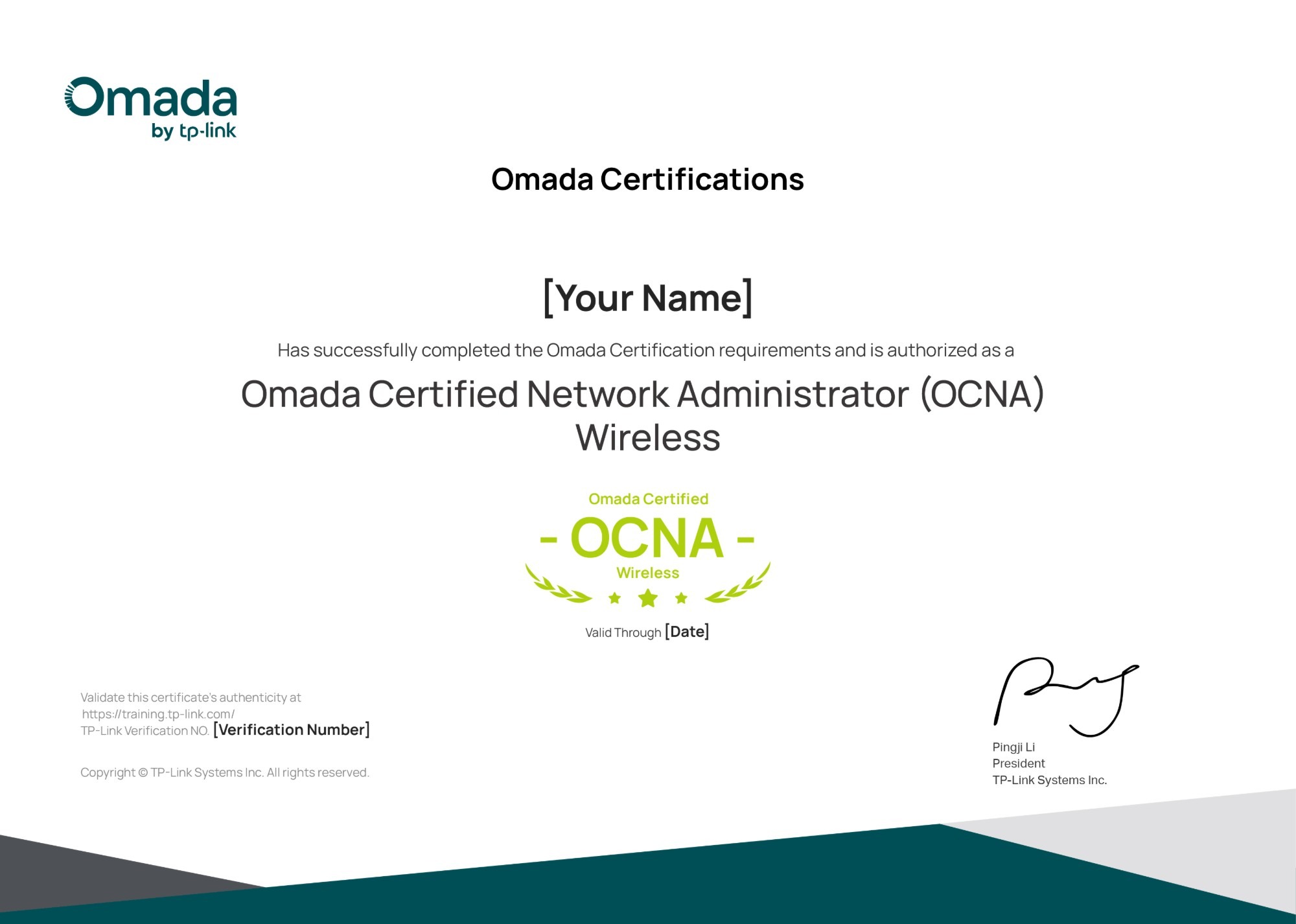 Sample TP-Link Omada Certified Network Administrator (OCNA) Wireless certificate